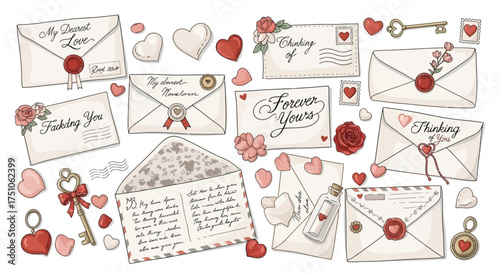 A vector illustration of assorted love letters, hearts, and romantic ephemera, white background