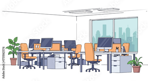 Modern workplace environment illustration depicting rows of desks, computers and office chairs in a spacious setting