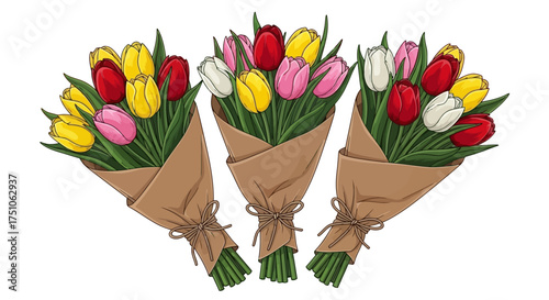 A vector illustration of three colorful tulip bouquets wrapped in paper, white background