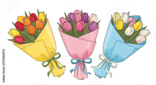A vector illustration of three colorful tulip bouquets wrapped in paper, white background