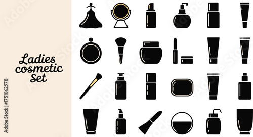 ladies cosmetic items icon bundle set black silhouette art clean background