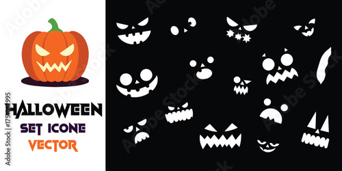 Scary halloween pumpkin jack o lantern faces icon set for spooky holiday celebrations and digital designs
