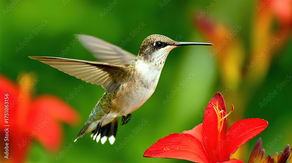 Obraz premium hummingbird. A hummingbird hovers near a red flower, its wings moving fast against a green background. wildlife magazines, conservation campaigns, designed for nature documentaries and education. 