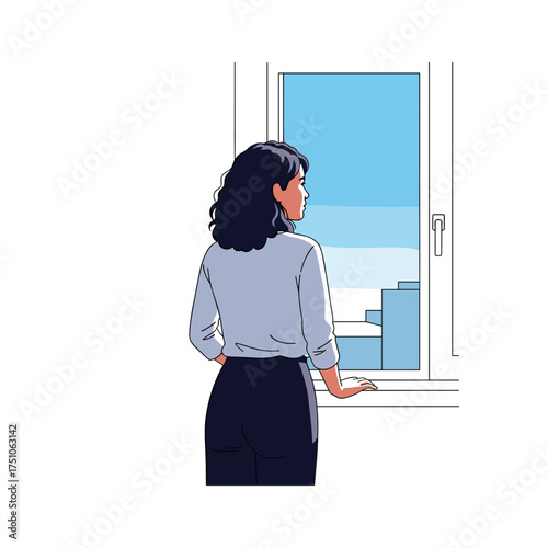 Young woman looking out of window and thinking in a bright room  