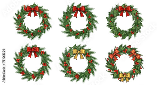 A collection of festive vector Christmas wreaths with foliage, berries, and bows, white background