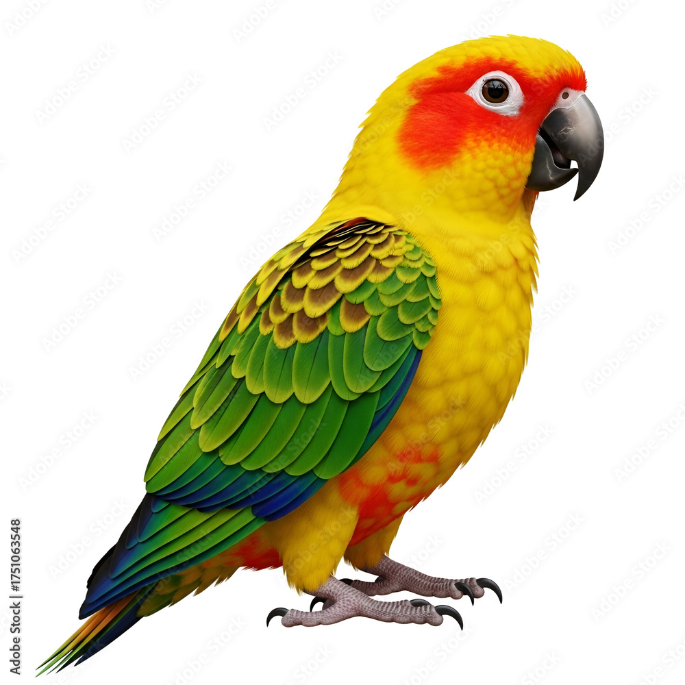 Obraz premium Vibrant Sun Conure Parrot with striking yellow, red, green, and blue plumage. Colorful exotic tropical bird illustration, isolated on a clean white background.