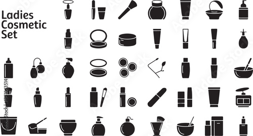 ladies cosmetic items makeup beauty products tools and accessories set Black silhouette icons