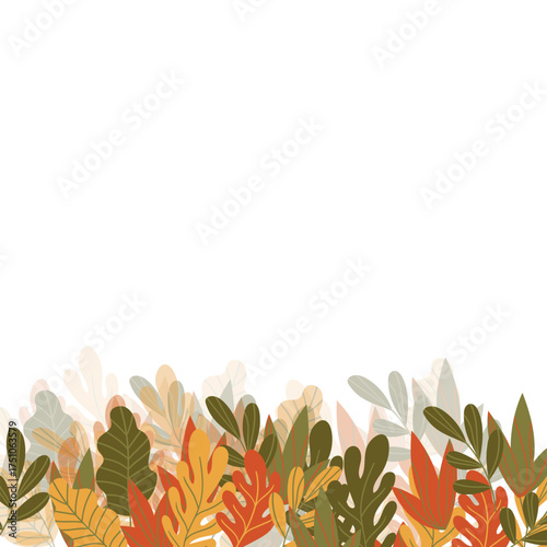 Floral frame with colorful exotic branches on white background. Ornate border with tropic leaves. Vector stock illustration for wallpaper, posters, card. Doodle style. Copy space.