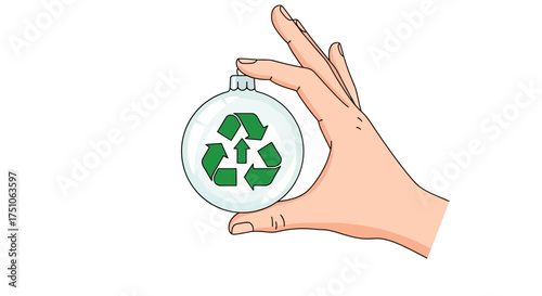 A vector illustration of a hand holding a Christmas ornament with a recycling symbol, white background