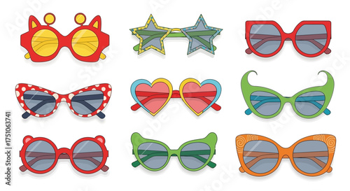 A collection of colorful and quirky eyeglasses in a vector illustration style, white background