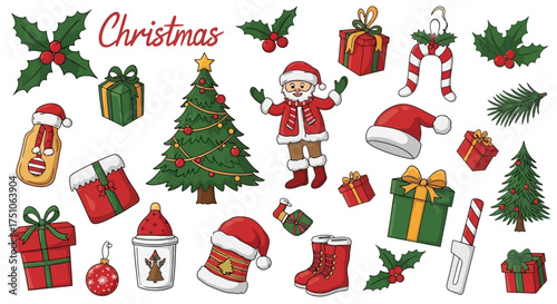 A cheerful vector illustration featuring an array of Christmas holiday icons, white background