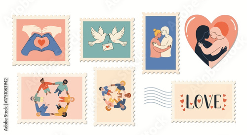 Collection of postage stamps featuring illustrations of love, unity, and diverse relationships.