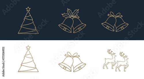 Vector illustration set of minimalist Christmas designs: tree, bells, reindeers in golden outline on dark blue, white background
