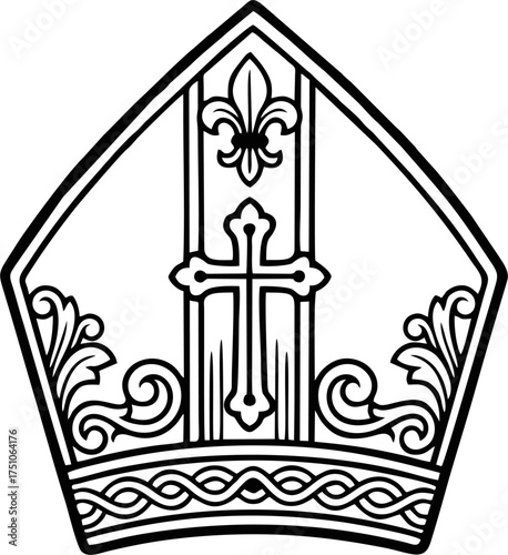 Ornate Bishop Mitre Vector – Fleur de Lis and Cross Floral Border Black and White Outline