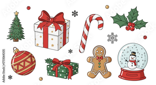 A charming vector illustration showcasing an assortment of festive Christmas decorations and treats, white background