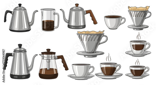 A vector illustration featuring a variety of coffee-making tools and cups, white background