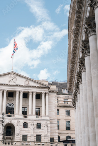 Bank of England facade and The Royal Exchange in London, UK