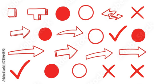 A vector illustration featuring hand-drawn style red arrows, circles, checkmarks, and crosses, white background