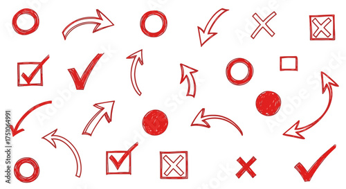 A vector illustration featuring hand-drawn style red arrows, circles, checkmarks, and crosses, white background