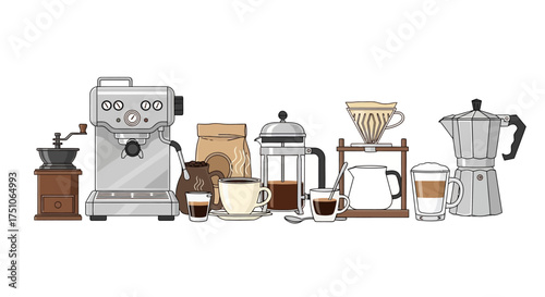 A vector illustration featuring a variety of coffee-making tools and cups, white background