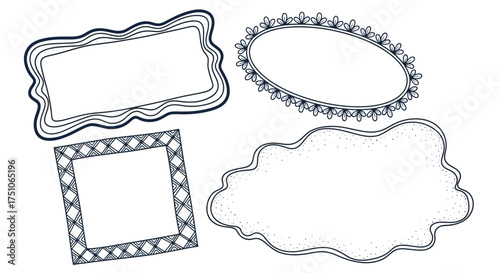 A vector illustration featuring four hand-drawn style frames in various navy blue decorative line designs, white background