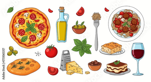 A vibrant vector illustration showcasing classic Italian food elements in a playful style, white background