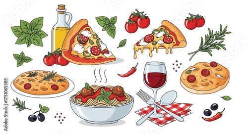 A vibrant vector illustration showcasing classic Italian food elements in a playful style, white background
