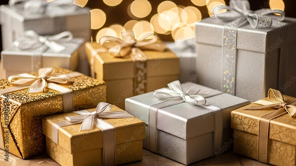 © Panuluh - Elegant Christmas Gift Boxes with Silver and Gold Wrapping, Beautiful Ribbons and Bows for Holiday Celebration, Festive Decorations, and Luxury Gift Presentation, Perfect for Winter Holidays