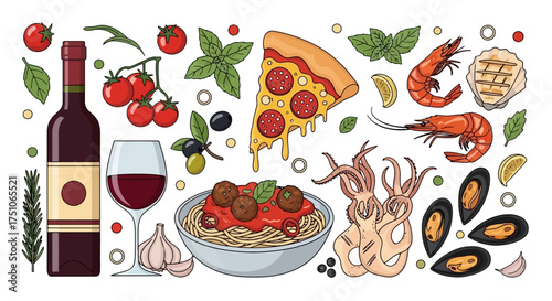 Vector illustration of Italian cuisine elements: pasta, pizza, wine, and seafood, white background