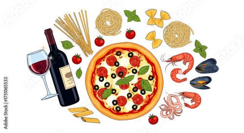 Vector illustration of Italian cuisine elements: pasta, pizza, wine, and seafood, white background