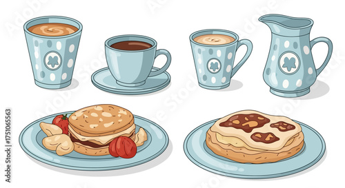 A vector illustration of a whimsical, hand-drawn breakfast set, white background