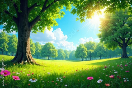 Serene Meadow Landscape with Lush Green Trees and Vibrant Wildflowers under a Sunny Sky