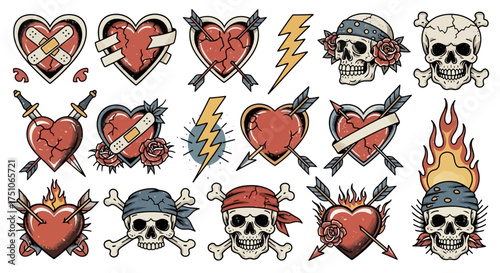 A vector illustration of a grunge style tattoo flash sheet with hearts, skulls, lightning, arrows, and flames, white background