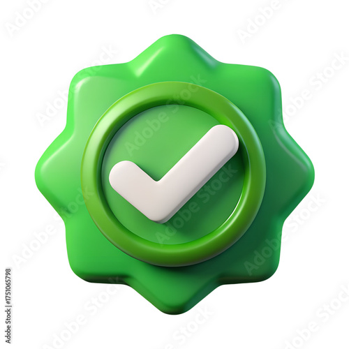 3D green glossy badge with white check mark symbol for approval verification or certification