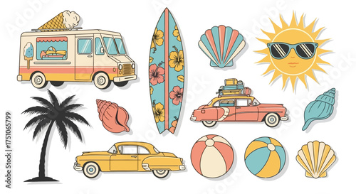 A collection of vintage-style summer vector illustrations, white background