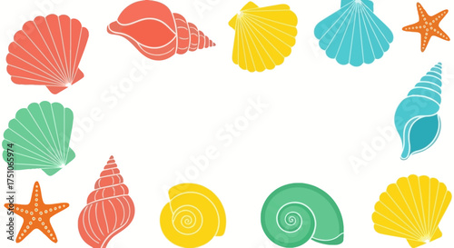 A colorful vector illustration showcasing summer beach vibes with seashells, white background