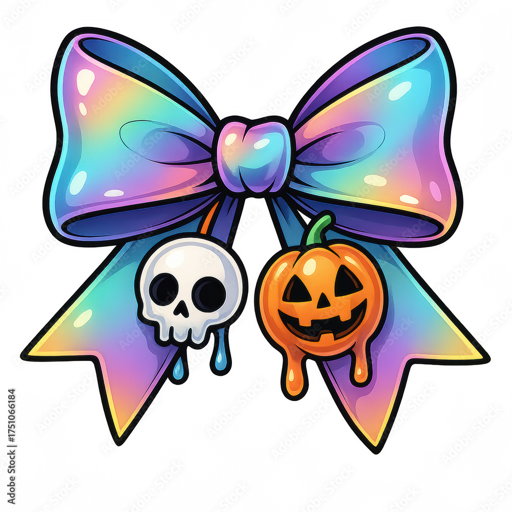 Fototapeta premium halloween bow in rainbow gradient cartoon style with dripping skull and jackolantern pendants, glossy coquette illustration on white background, concept of spooky party decor, branding, design