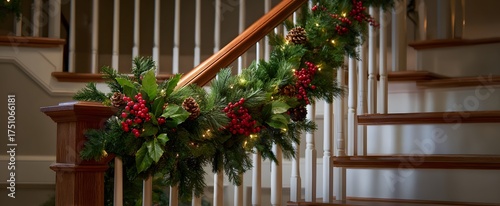 Festive greenery decorates the stair railing boosting the holiday spirit and joy