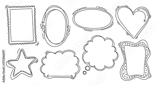 A vector illustration of a set of eight hand-drawn doodle style picture frames, white background