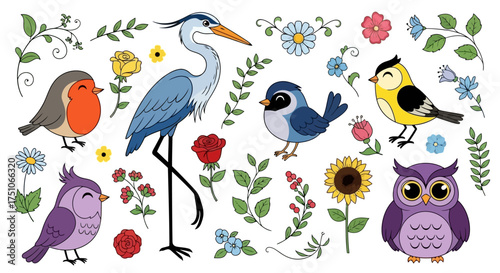 Colorful vector illustration of various cute cartoon birds with floral elements, white background