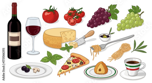 A hand-drawn vector illustration featuring classic Italian food and wine elements, white background