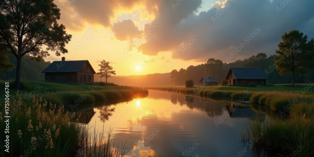 Fototapeta premium Serene Sunset Over Tranquil River, Two Rustic Cottages Nestled Amongst Lush Greenery, Golden Hour Reflection