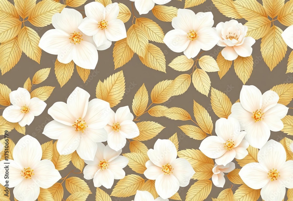 Fototapeta premium Seamless white floral background with abstract gold leaf vector pattern, luxury, design
