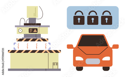 Industrial testing equipment evaluating car safety with lock icons symbolizing security. Ideal for automotive safety, vehicle testing, technology, innovation, cybersecurity, industry, reliability