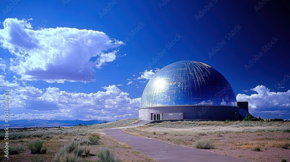 Obraz premium Striking Blue Dome Observatory Reflecting Vibrant Sky and Clouds in Arid Landscape