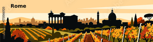 Rome,  landscape illustration in warm colors with historic city silhouette