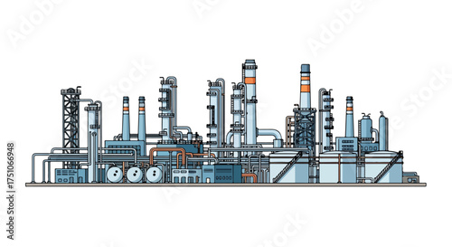 Stylized illustration of a large industrial complex with numerous towers, pipes, and storage tanks depicted against a plain background