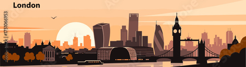 London cityscape illustration in orange tones on solid sunset background