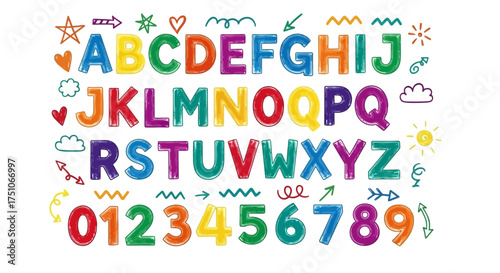 A colorful vector illustration of a crayon-style alphabet, numbers, and doodles, white background