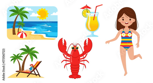 Collection of Summer Themed Vector Illustrations with beach, cocktail, lobster, and girl, white background